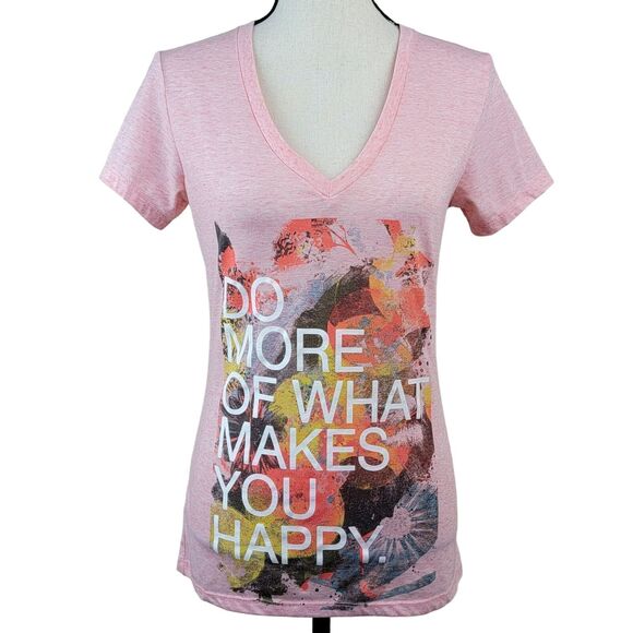 Do More Of What Makes You Happy Tshirt Juniors Sz L Peach Floral Graphic V Neck‎ - Picture 1 of 6
